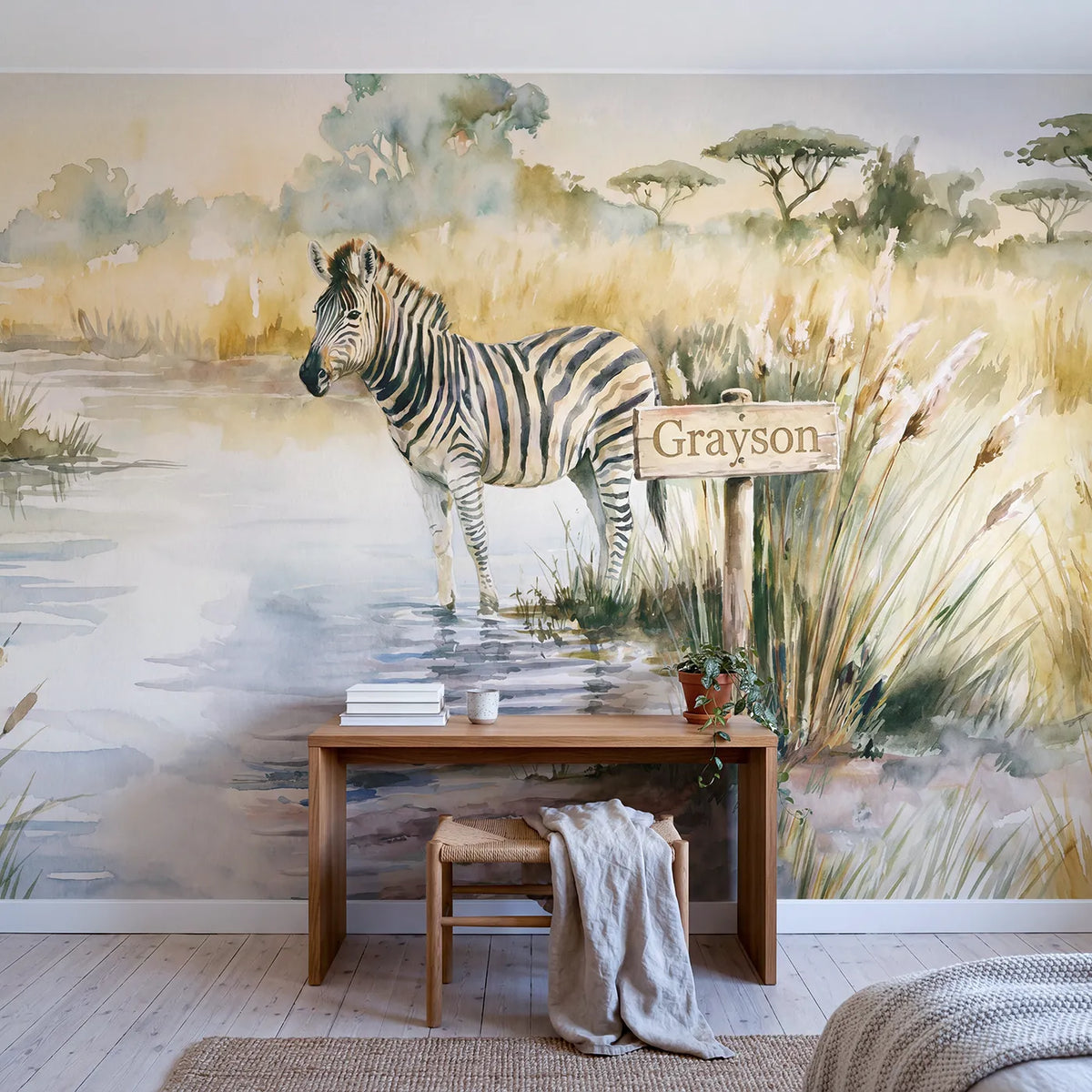 Zebra Watering Hole Personalized Wall Mural in playroom setting by Whimsy Tots