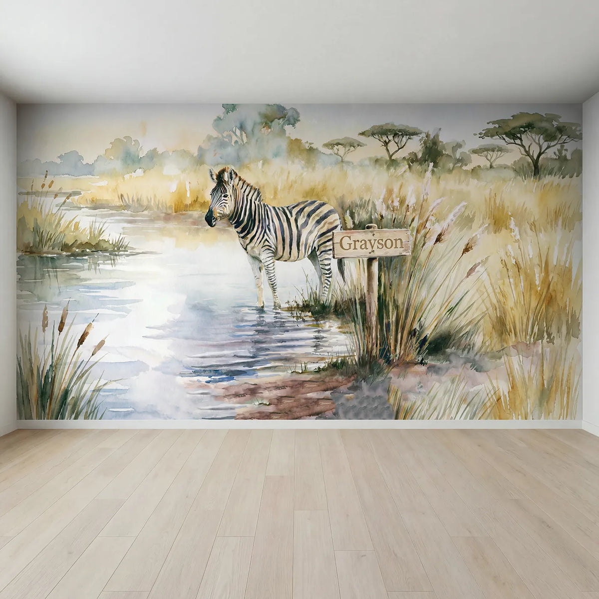 Full view of Zebra Watering Hole Personalized Wall Mural by Whimsy Tots