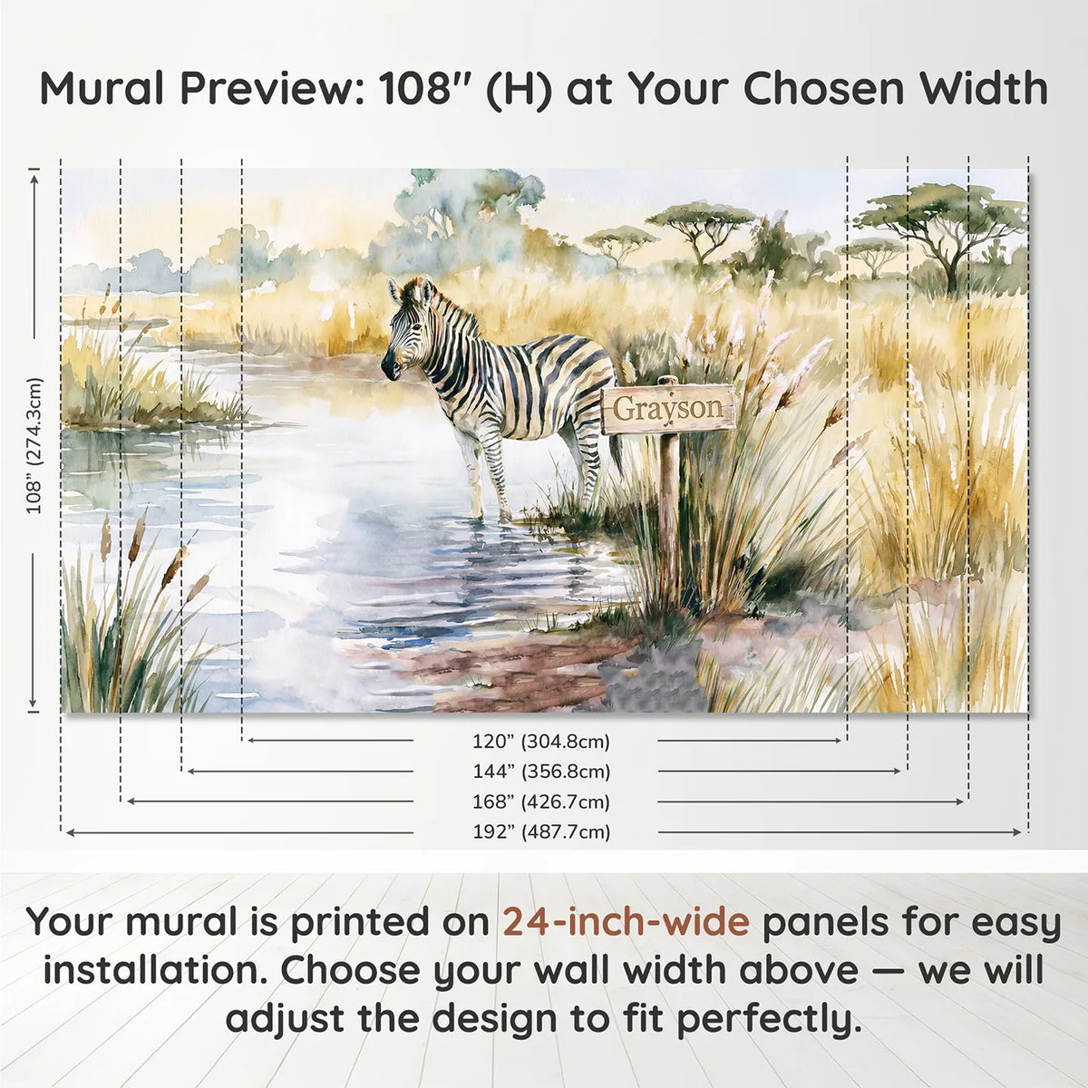 Panel layout and dimensions for Zebra Watering Hole Personalized Wall Mural by Whimsy Tots