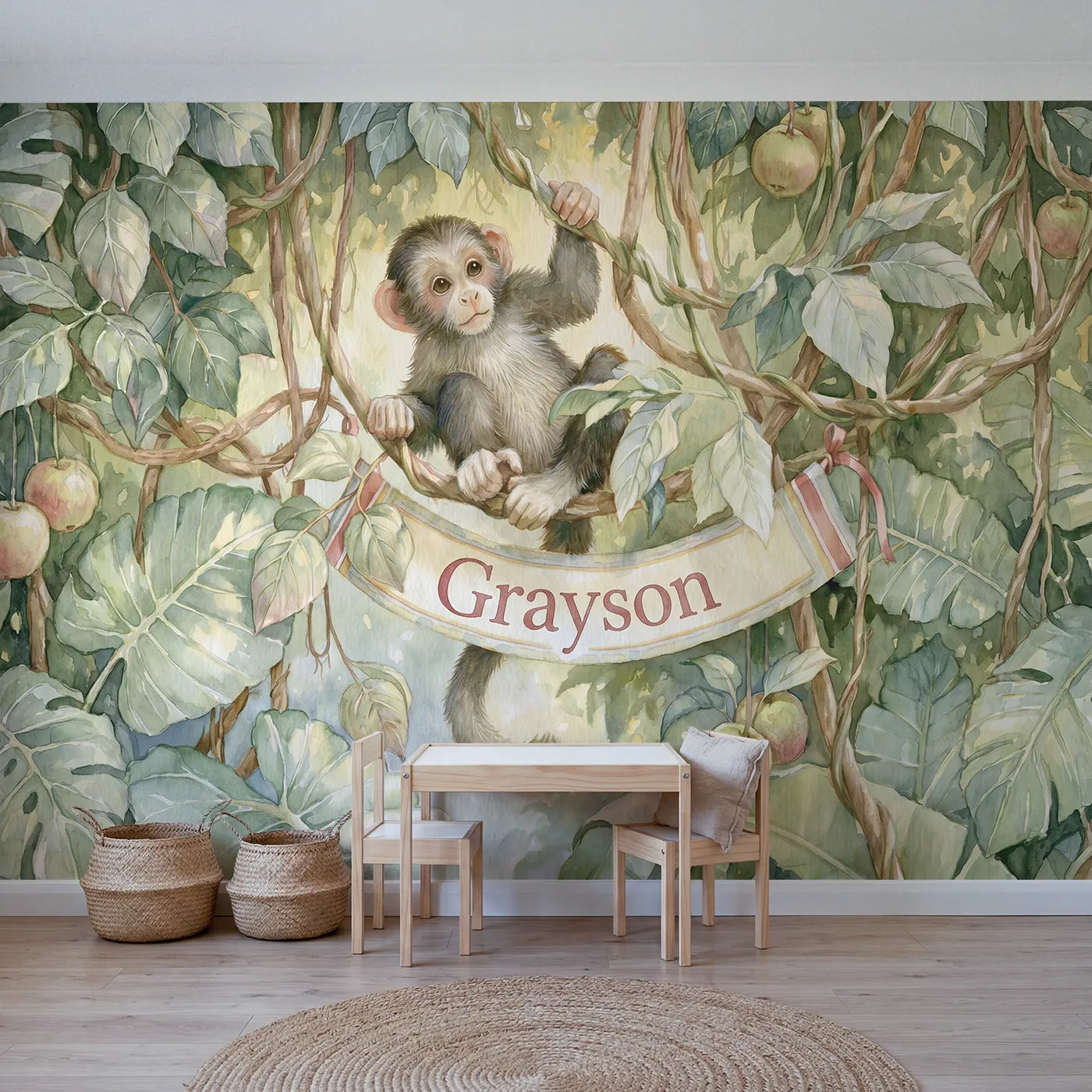Storybook monkey personalized wall mural with vine banner name for playroom by Whimsy Tots