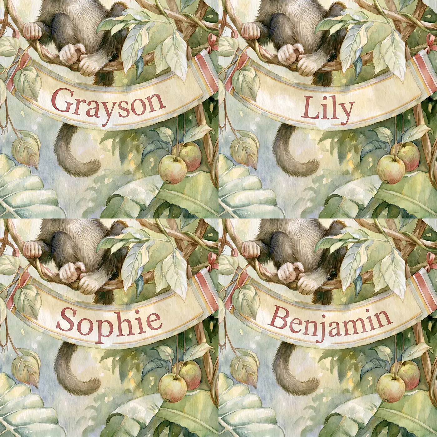 Four name preview examples of Playful Jungle Monkey Personalized Wall Mural by Whimsy Tots