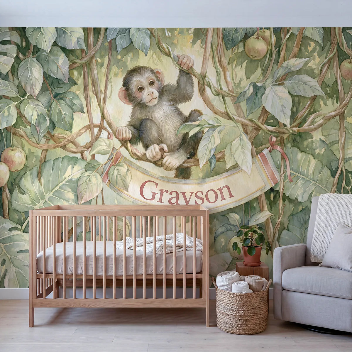 Playful Jungle Monkey Personalized Wall Mural in playroom setting by Whimsy Tots