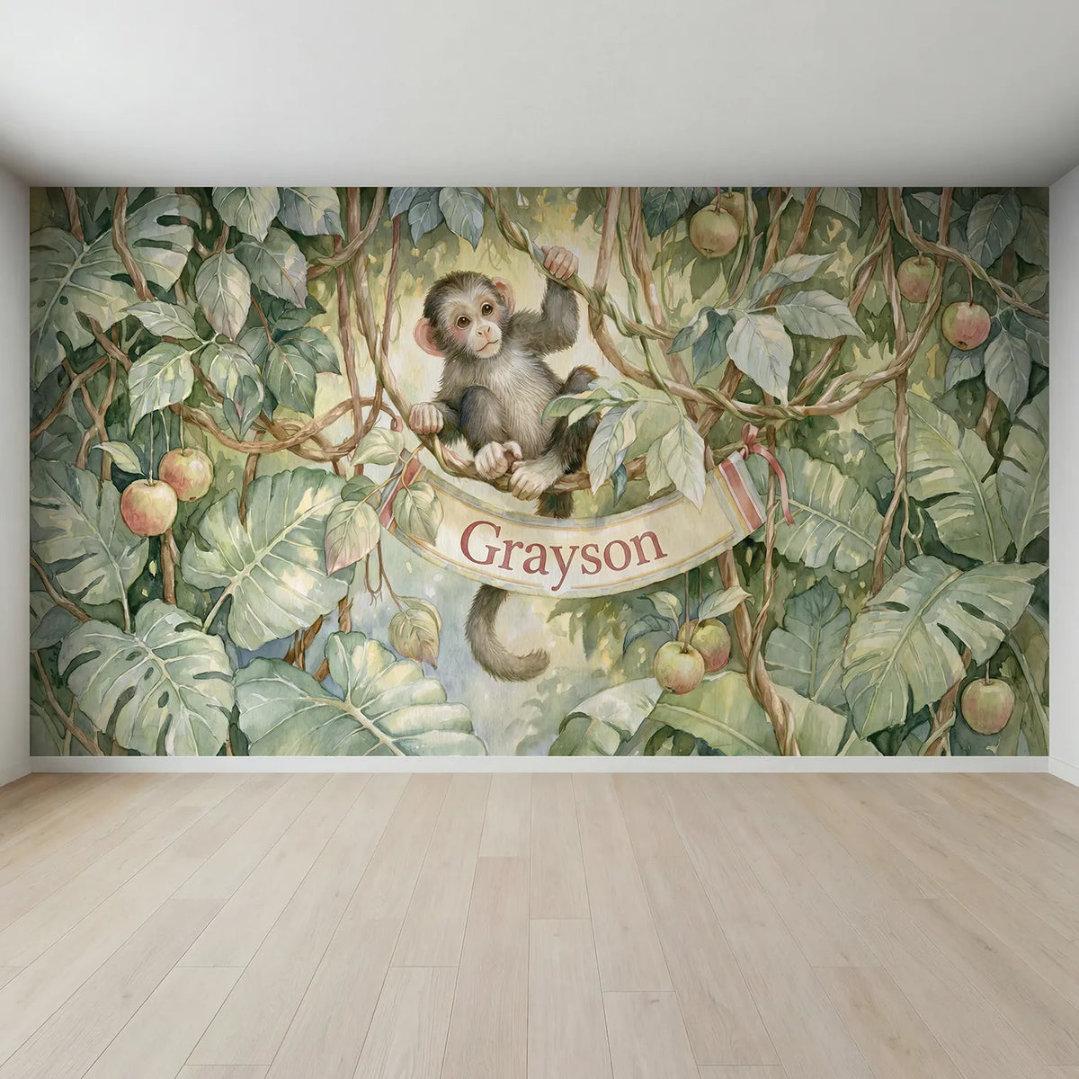 Full view of Playful Jungle Monkey Personalized Wall Mural by Whimsy Tots