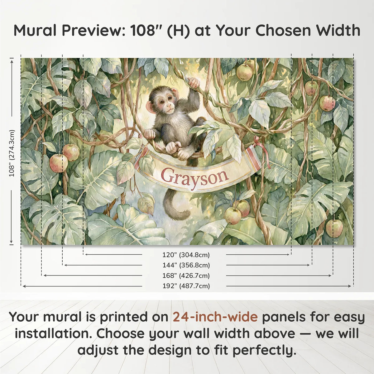 Panel layout and dimensions for Playful Jungle Monkey Personalized Wall Mural by Whimsy Tots