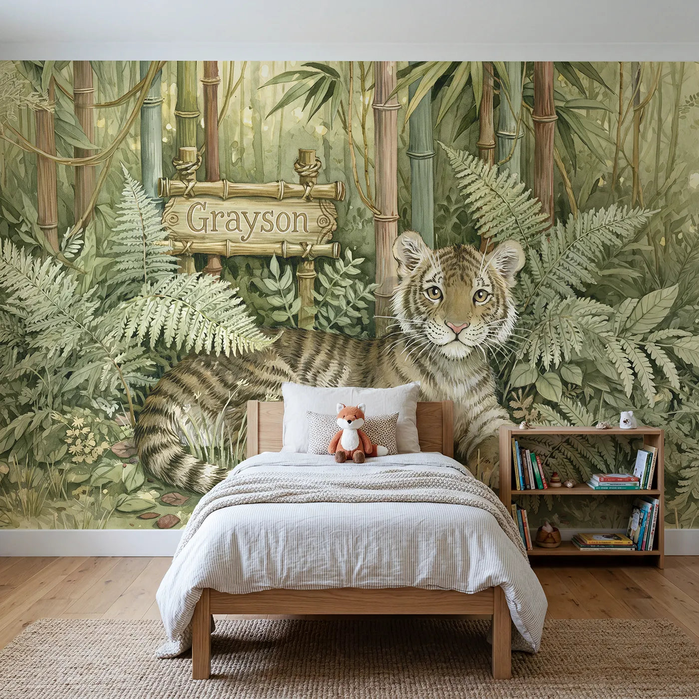 Storybook tiger jungle glade personalized wall mural with bamboo name plaque by Whimsy Tots