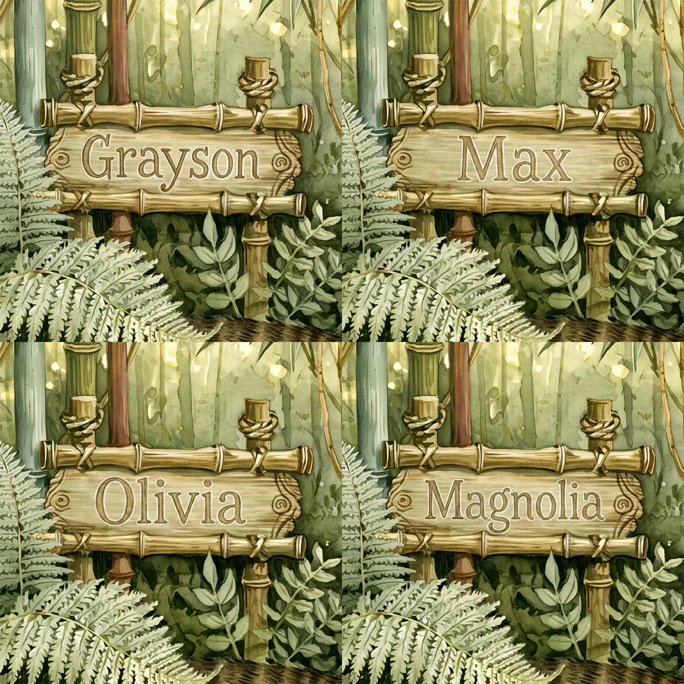 Four name preview examples of Gentle Jungle Tiger Personalized Wall Mural by Whimsy Tots