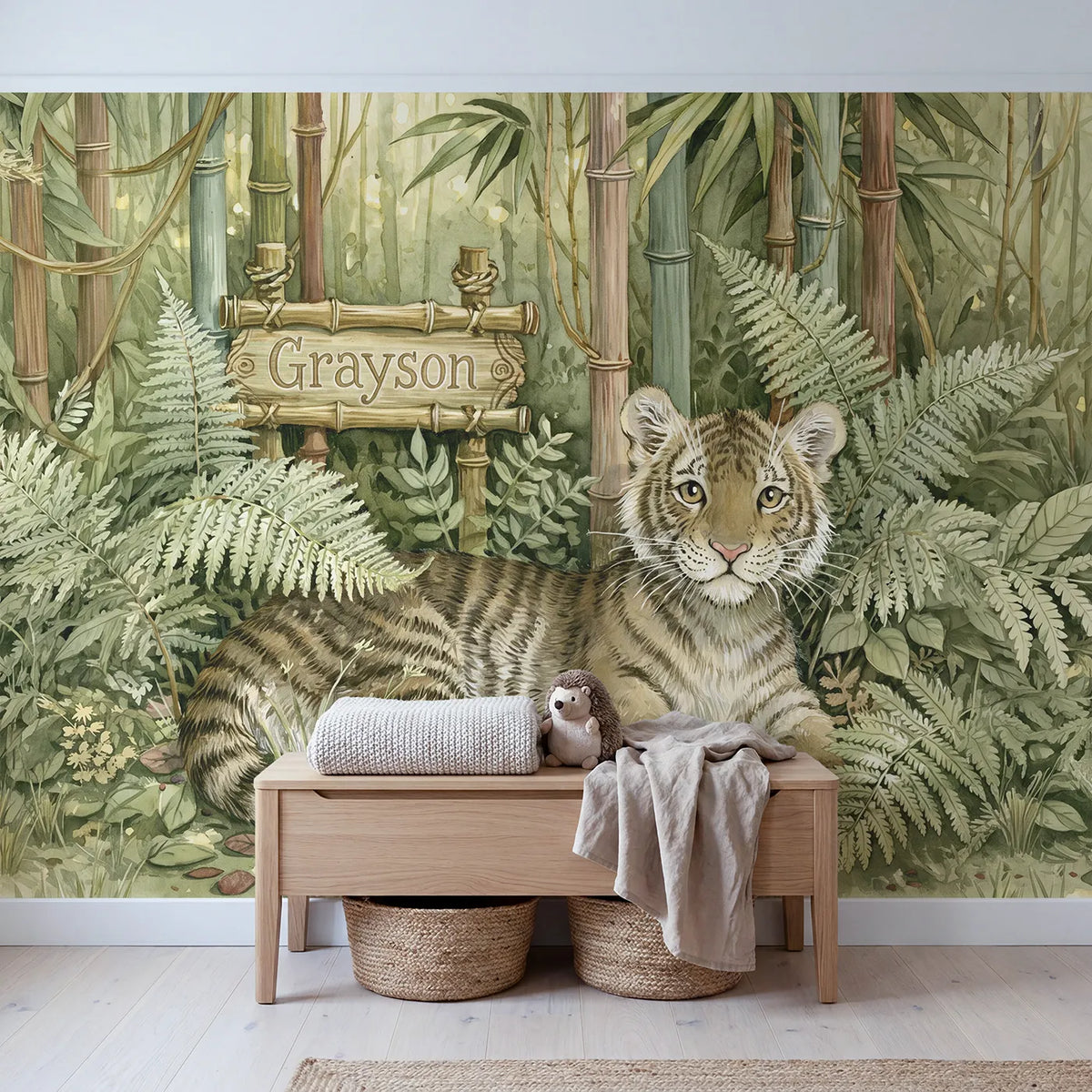 Gentle Jungle Tiger Personalized Wall Mural in playroom setting by Whimsy Tots