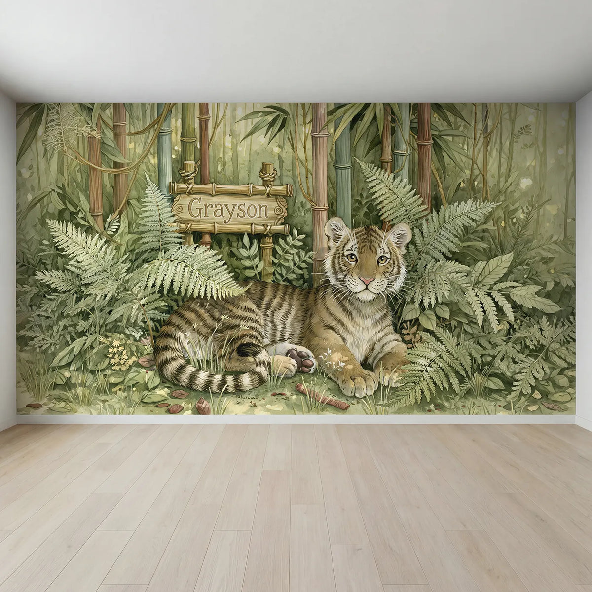 Full view of Gentle Jungle Tiger Personalized Wall Mural by Whimsy Tots