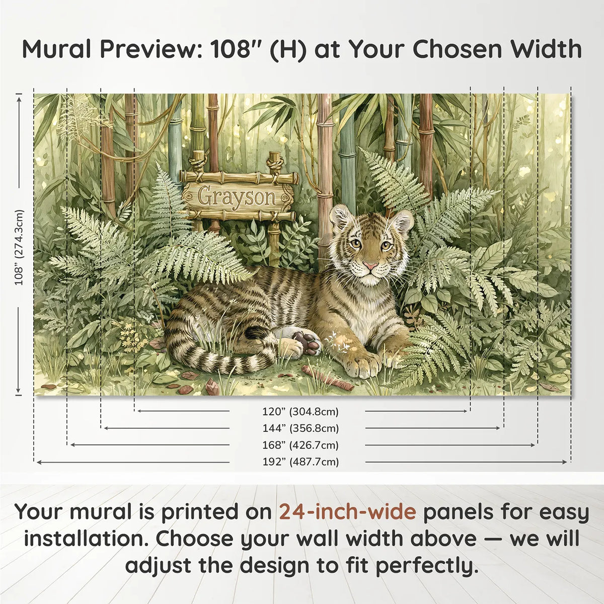 Panel layout and dimensions for Gentle Jungle Tiger Personalized Wall Mural by Whimsy Tots