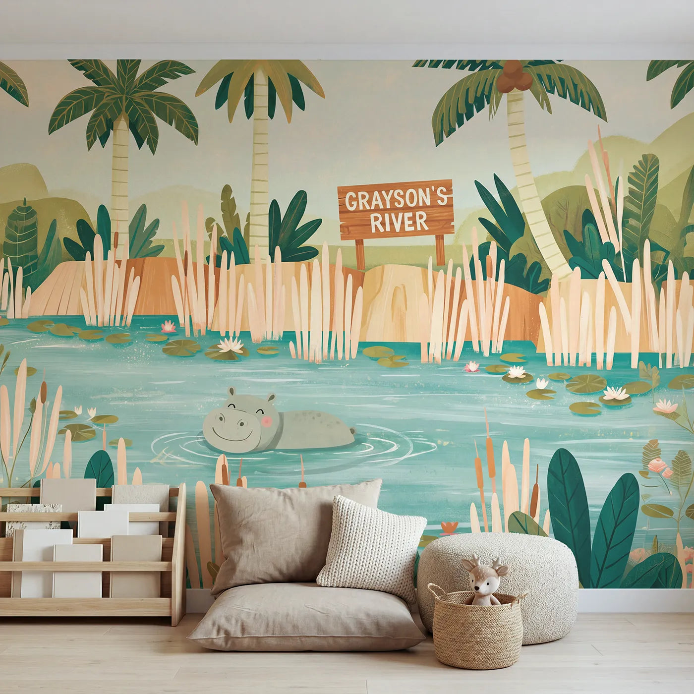 Modern Illustration hippo river personalized wall mural with name sign for nursery by Whimsy Tots