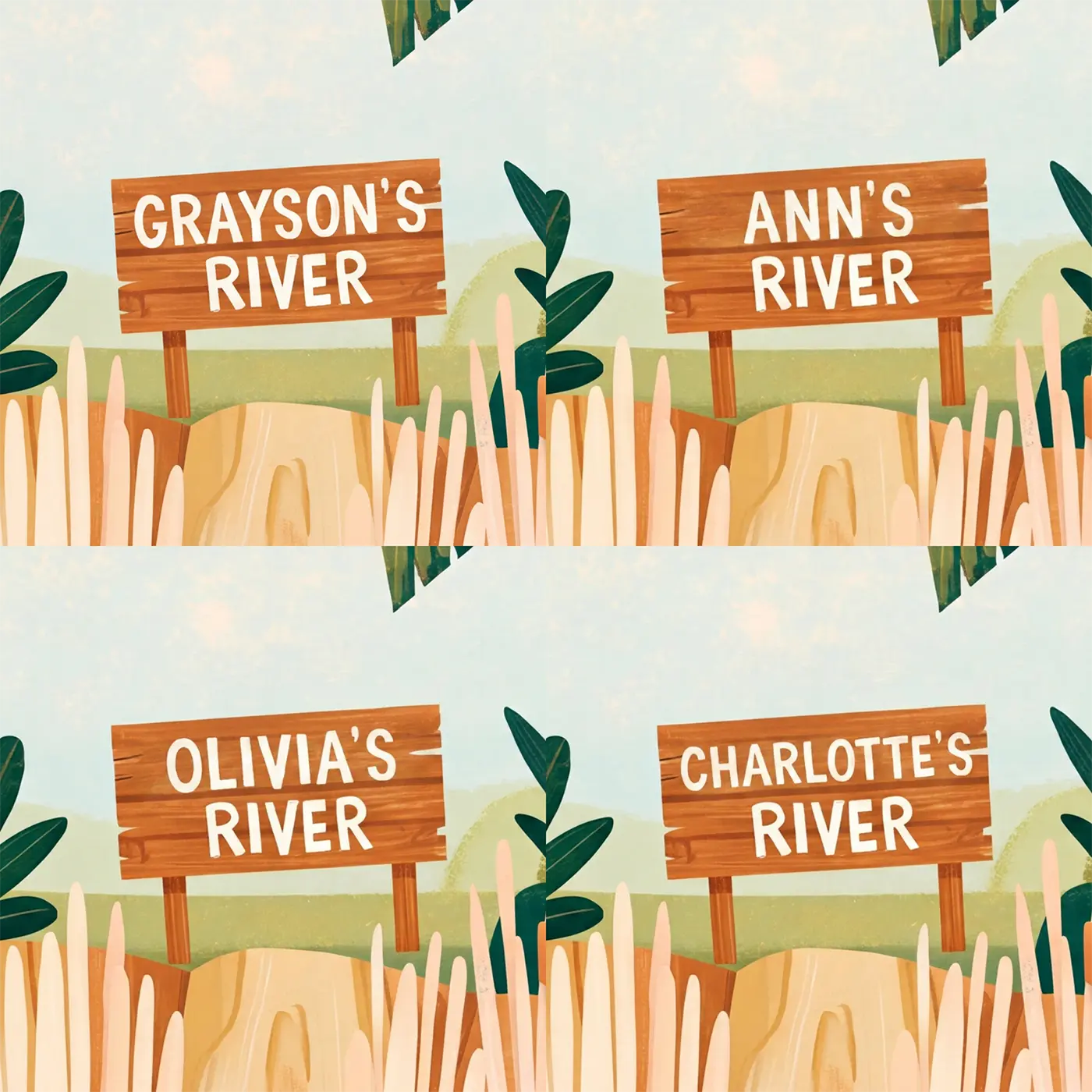 Four name preview examples of Happy Hippo River Personalized Wall Mural by Whimsy Tots