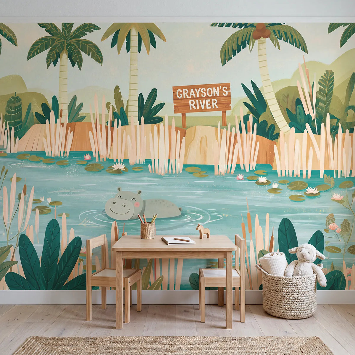 Happy Hippo River Personalized Wall Mural in playroom setting by Whimsy Tots