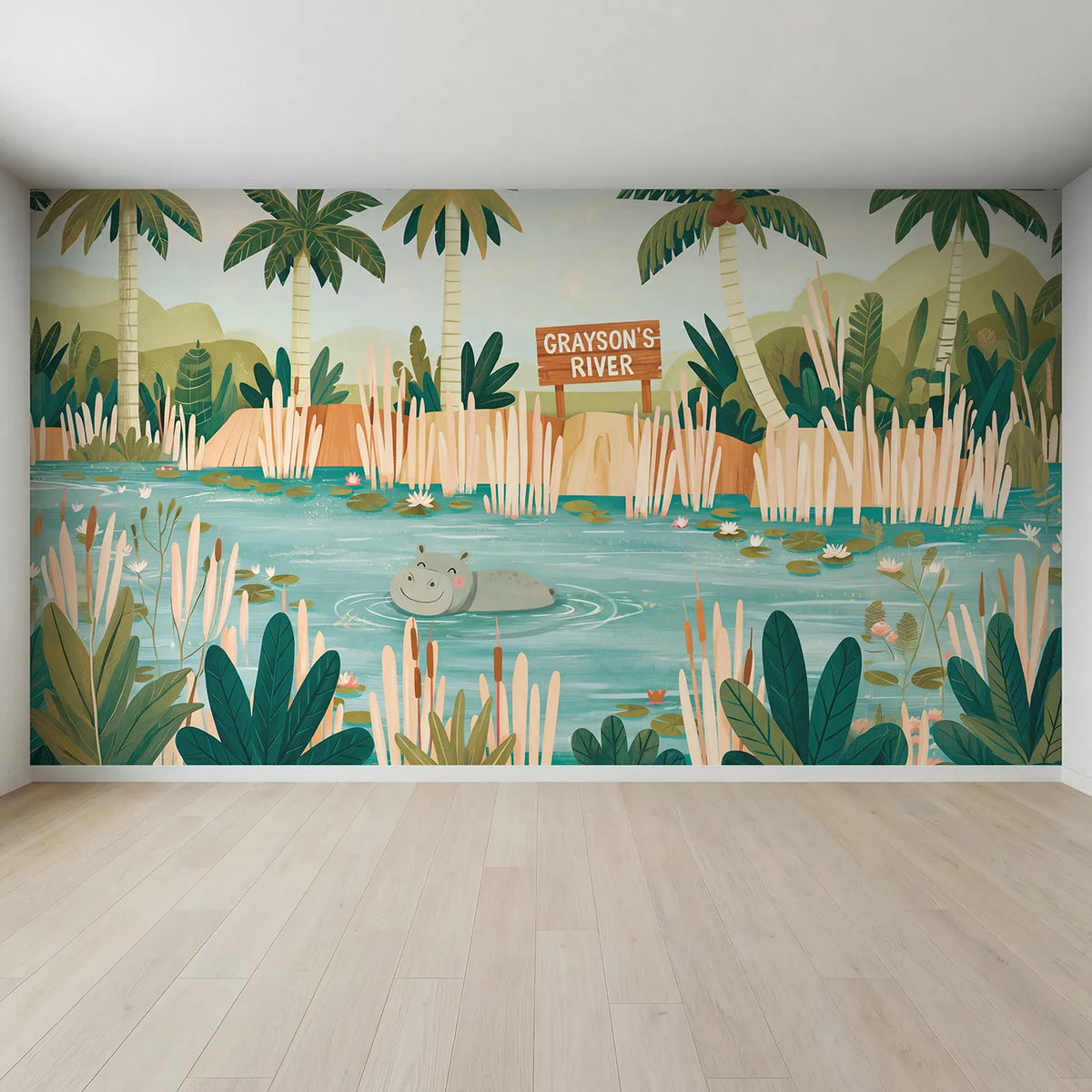 Full view of Happy Hippo River Personalized Wall Mural by Whimsy Tots