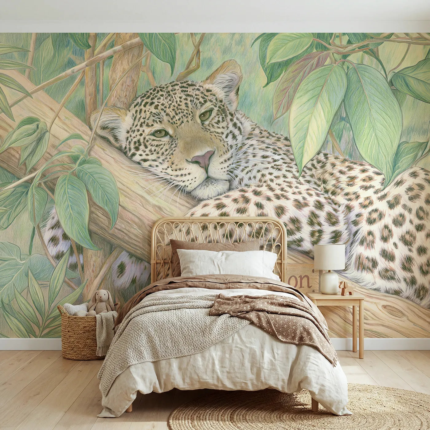 Colored pencil leopard on branch personalized wall mural with name plaque for bedroom by Whimsy Tots