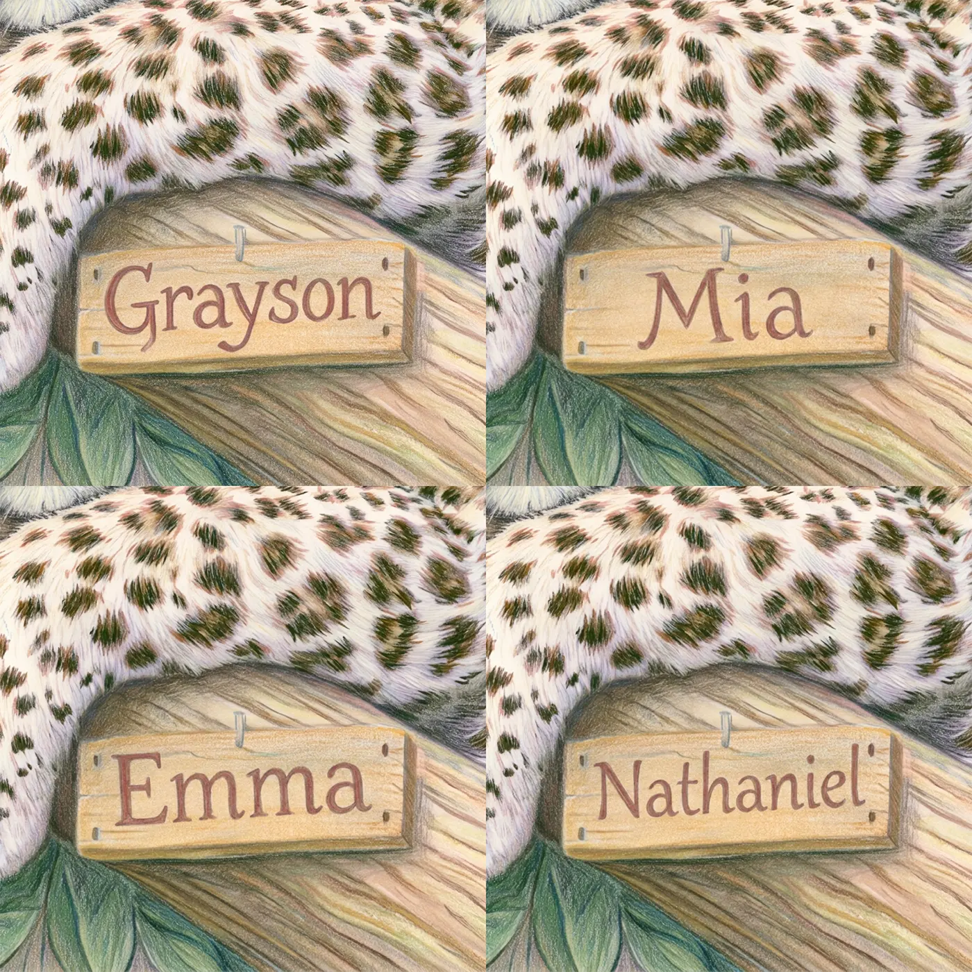 Four name preview examples of Leopard Jungle Branch Personalized Wall Mural by Whimsy Tots