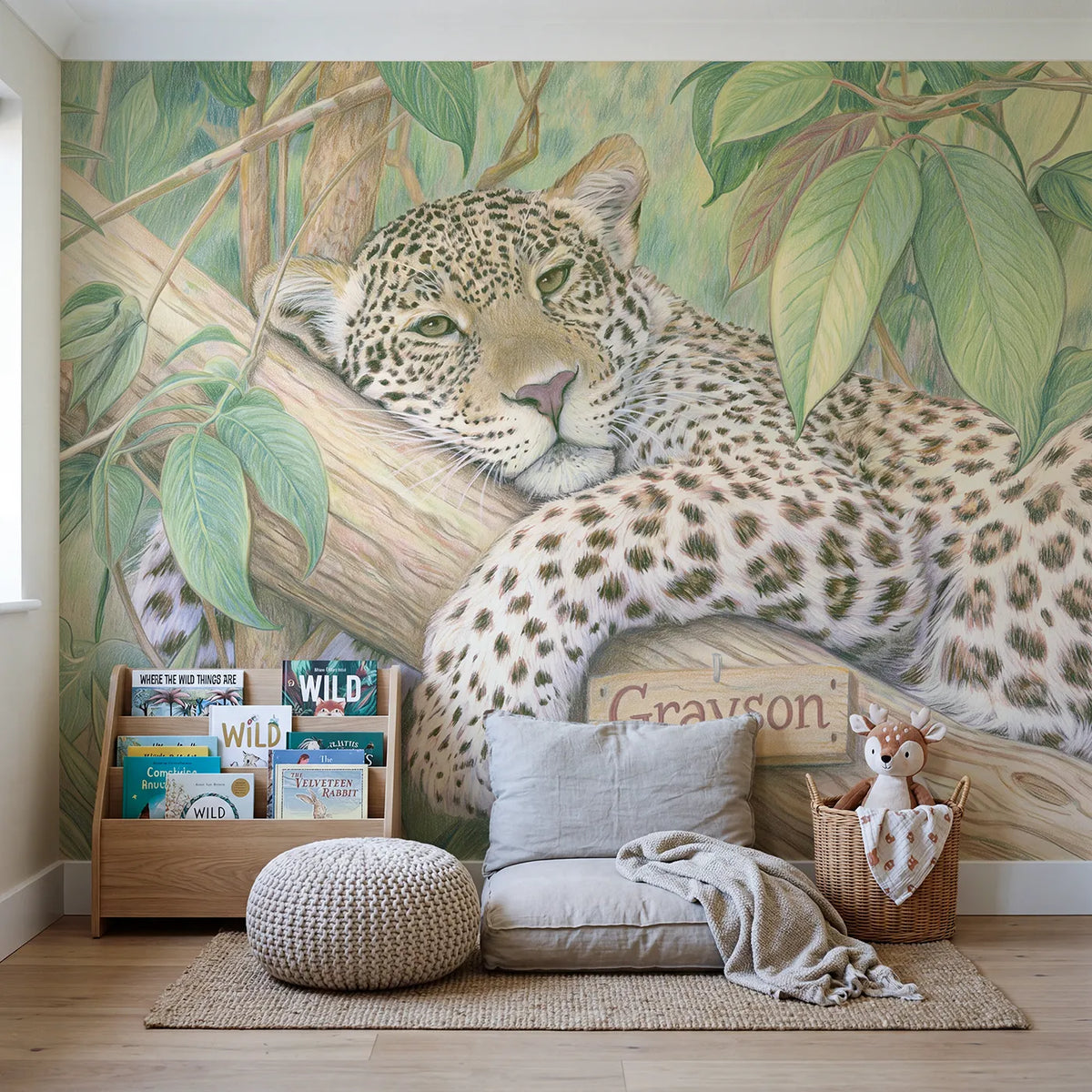 Leopard Jungle Branch Personalized Wall Mural in playroom setting by Whimsy Tots