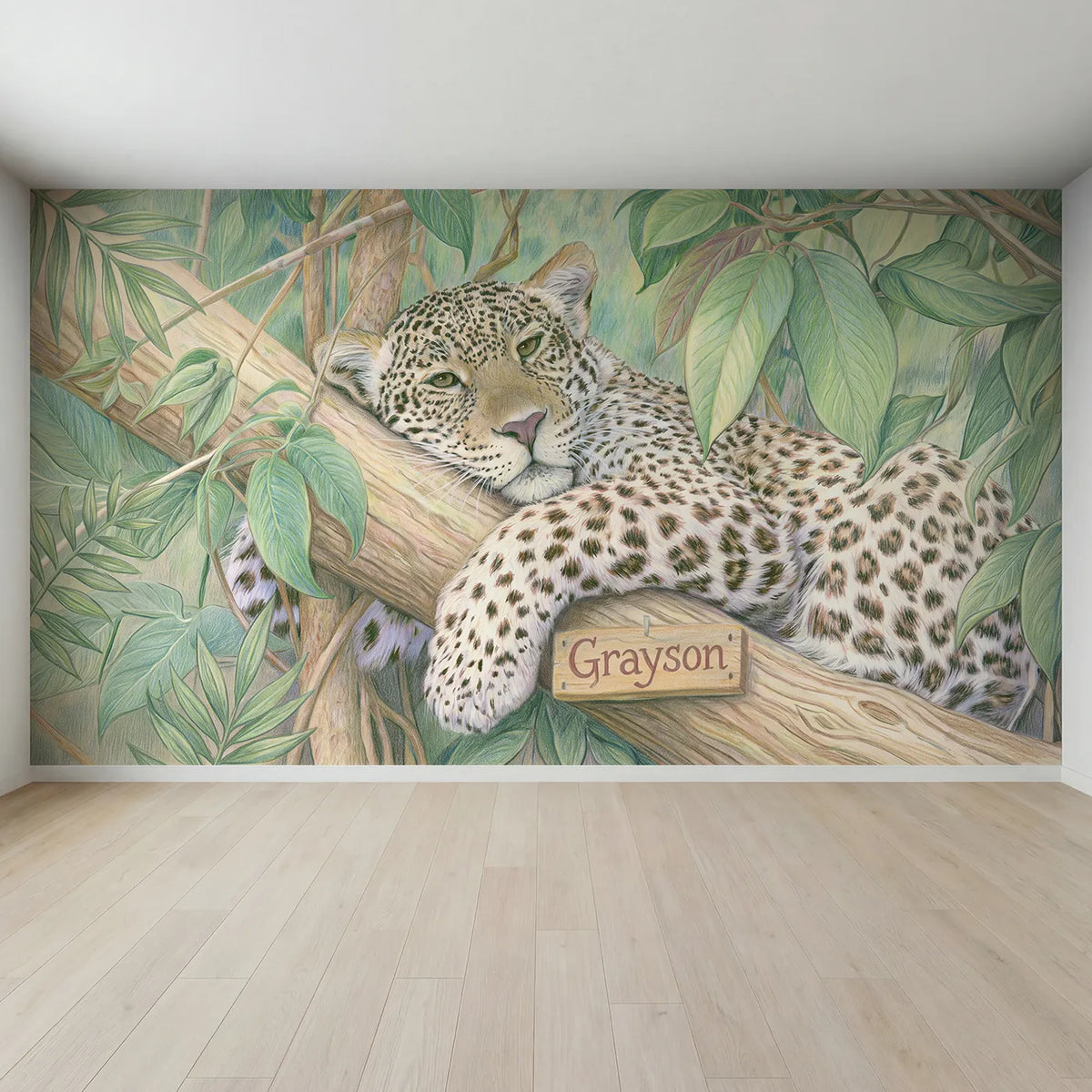 Full view of Leopard Jungle Branch Personalized Wall Mural by Whimsy Tots