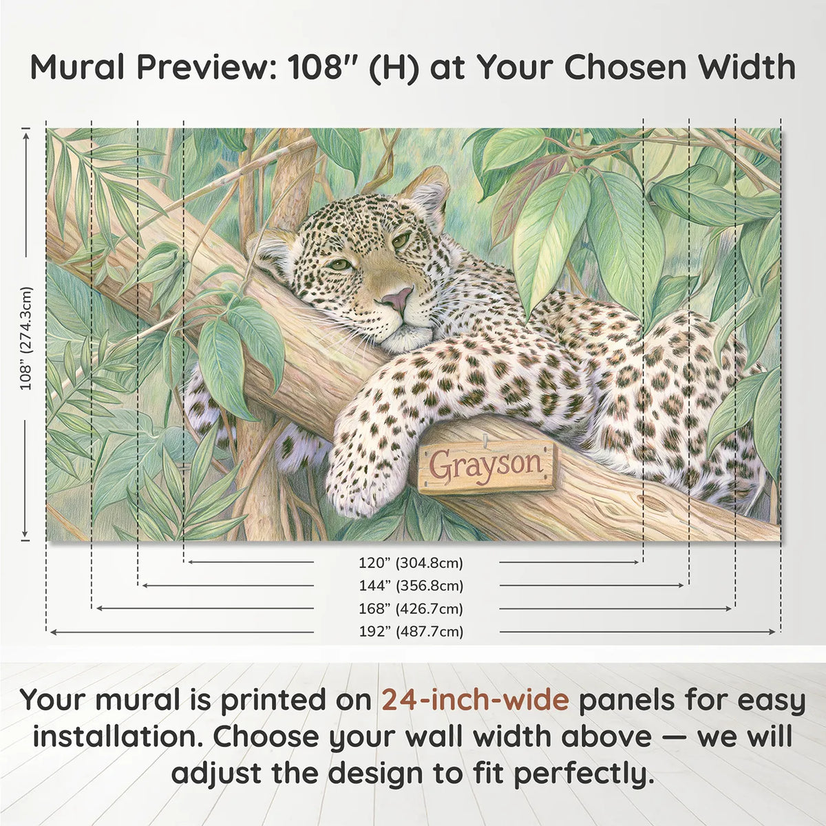 Panel layout and dimensions for Leopard Jungle Branch Personalized Wall Mural by Whimsy Tots