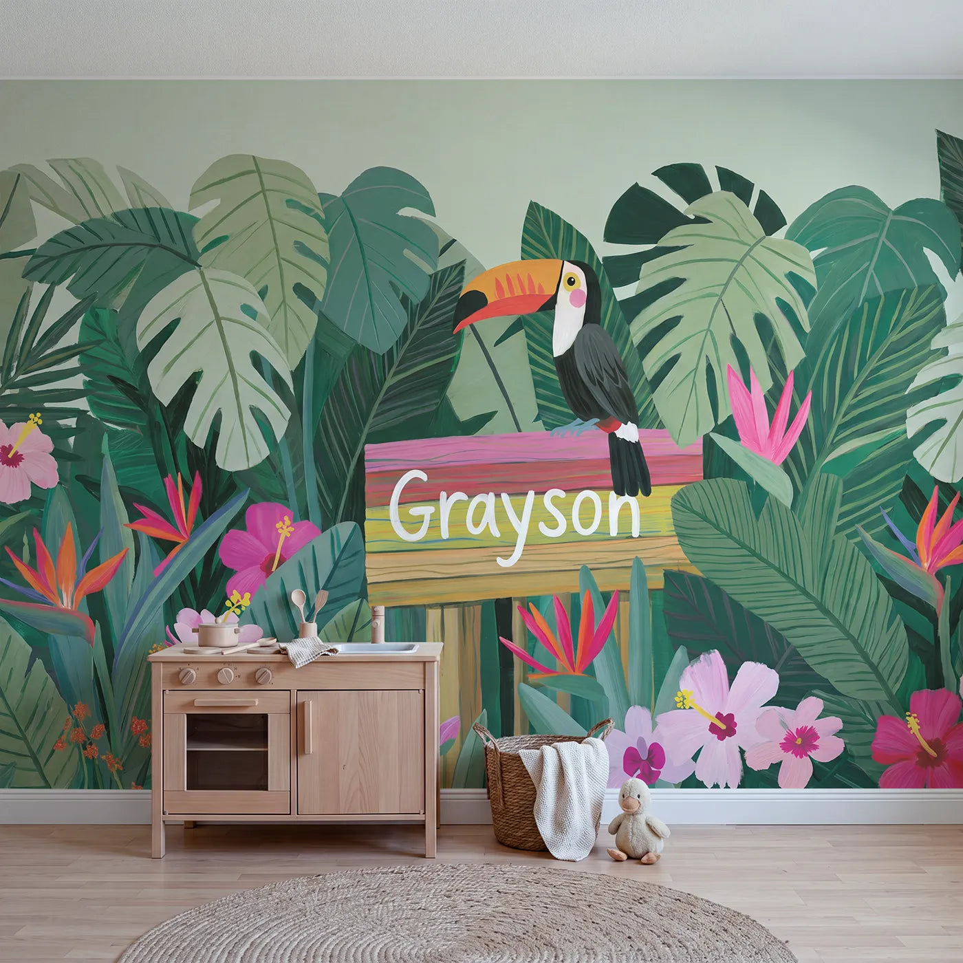 Modern Illustration toucan personalized wall mural perched on name sign for nursery by Whimsy Tots