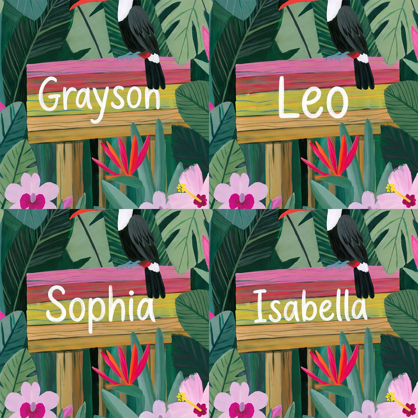Four name preview examples of Bright Jungle Toucan Personalized Wall Mural by Whimsy Tots