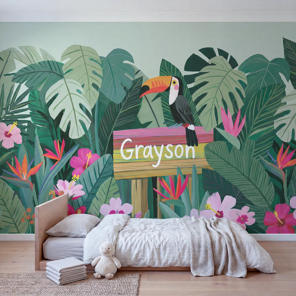 Bright Jungle Toucan Personalized Wall Mural in playroom setting by Whimsy Tots