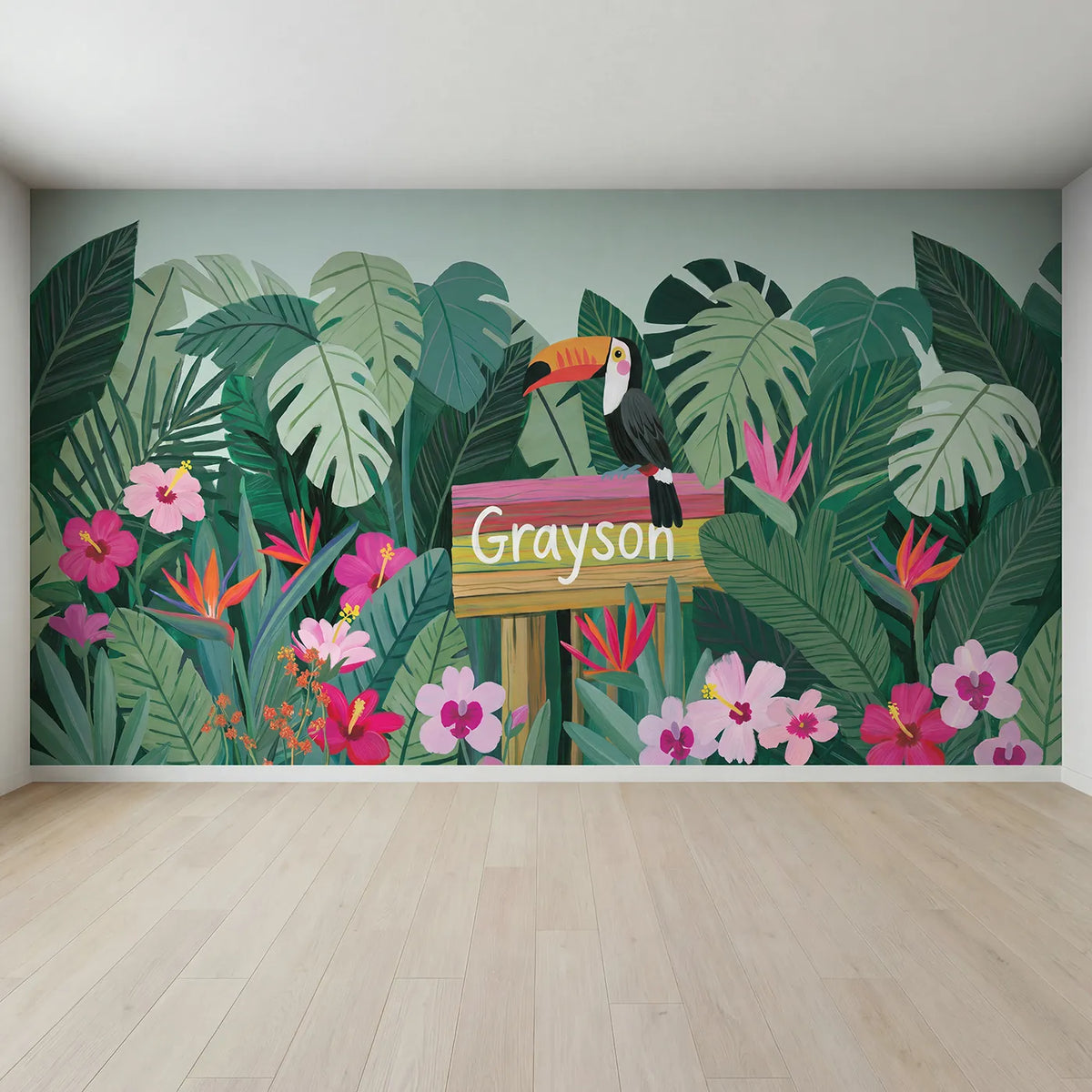 Full view of Bright Jungle Toucan Personalized Wall Mural by Whimsy Tots