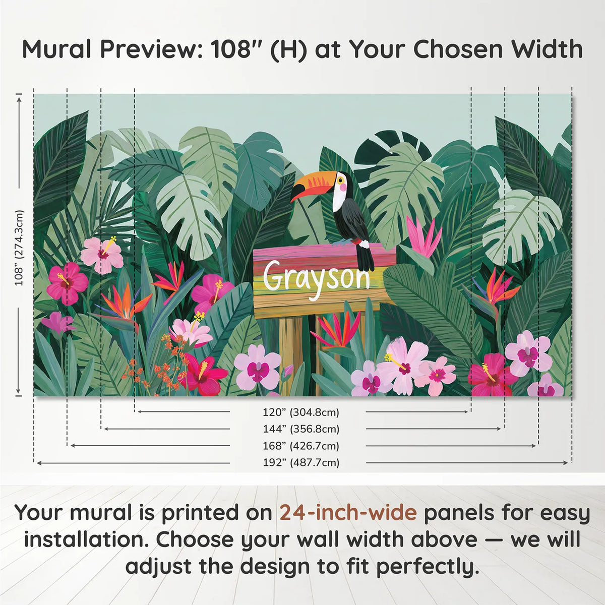 Panel layout and dimensions for Bright Jungle Toucan Personalized Wall Mural by Whimsy Tots