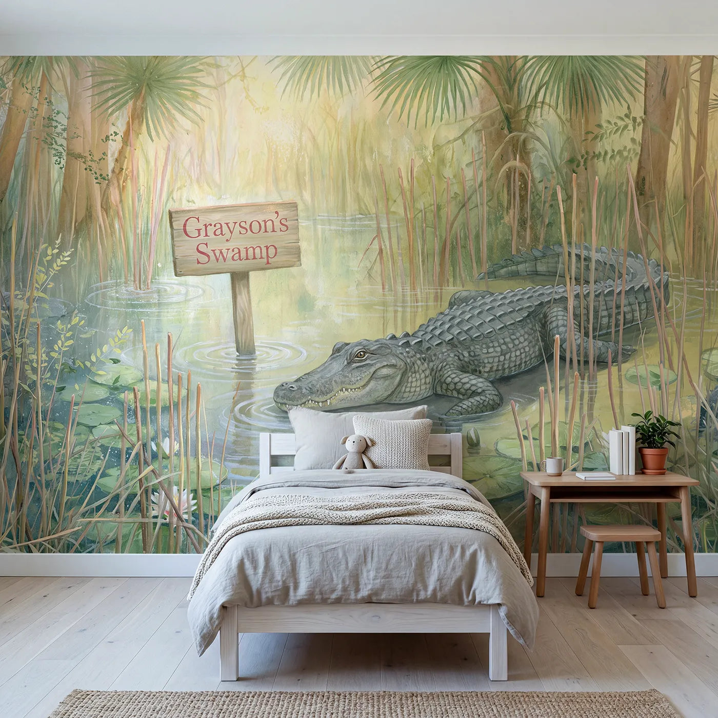 Storybook crocodile swamp personalized wall mural with name signpost for playroom by Whimsy Tots