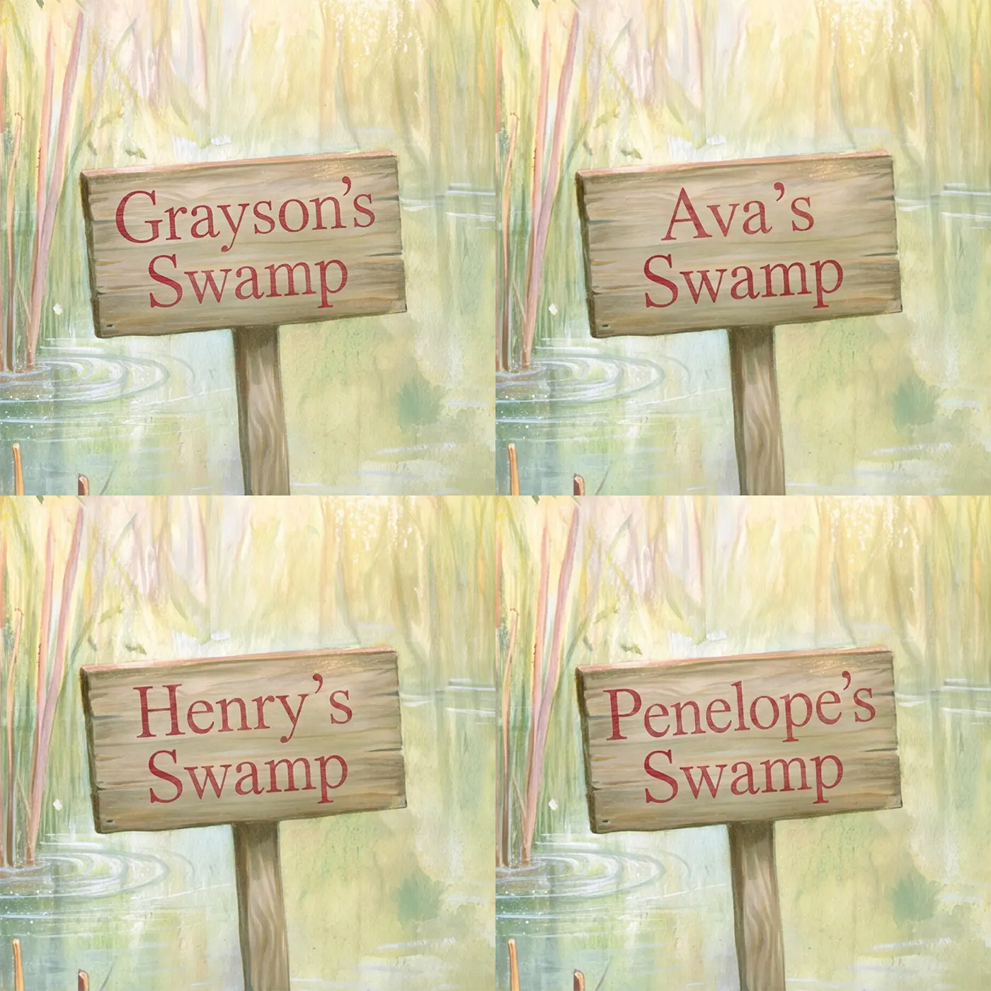 Four name preview examples of Smiling Swamp Crocodile Personalized Wall Mural by Whimsy Tots