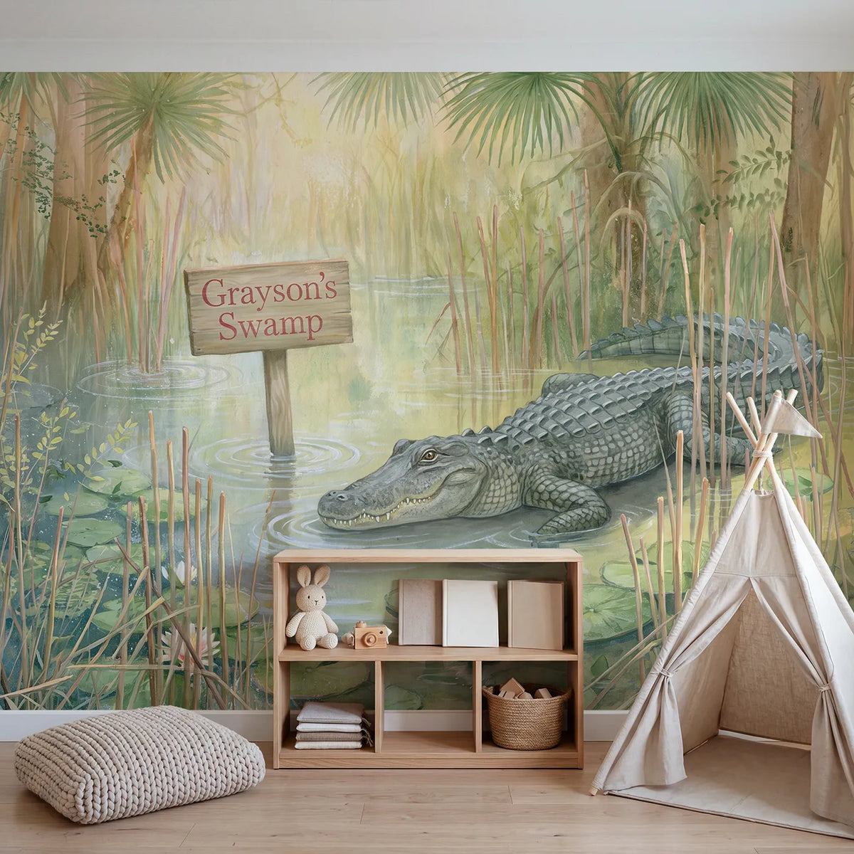 Smiling Swamp Crocodile Personalized Wall Mural in playroom setting by Whimsy Tots