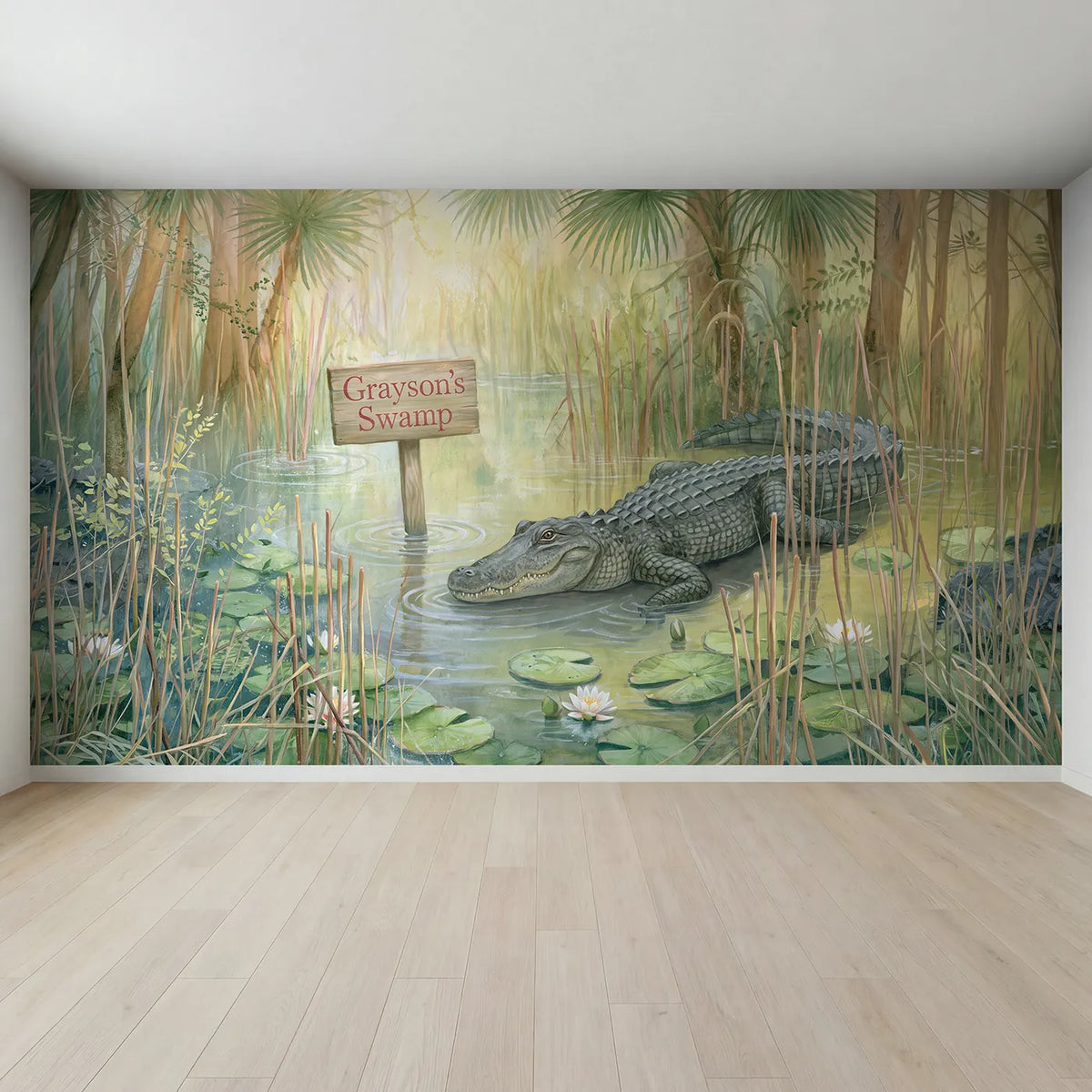 Full view of Smiling Swamp Crocodile Personalized Wall Mural by Whimsy Tots