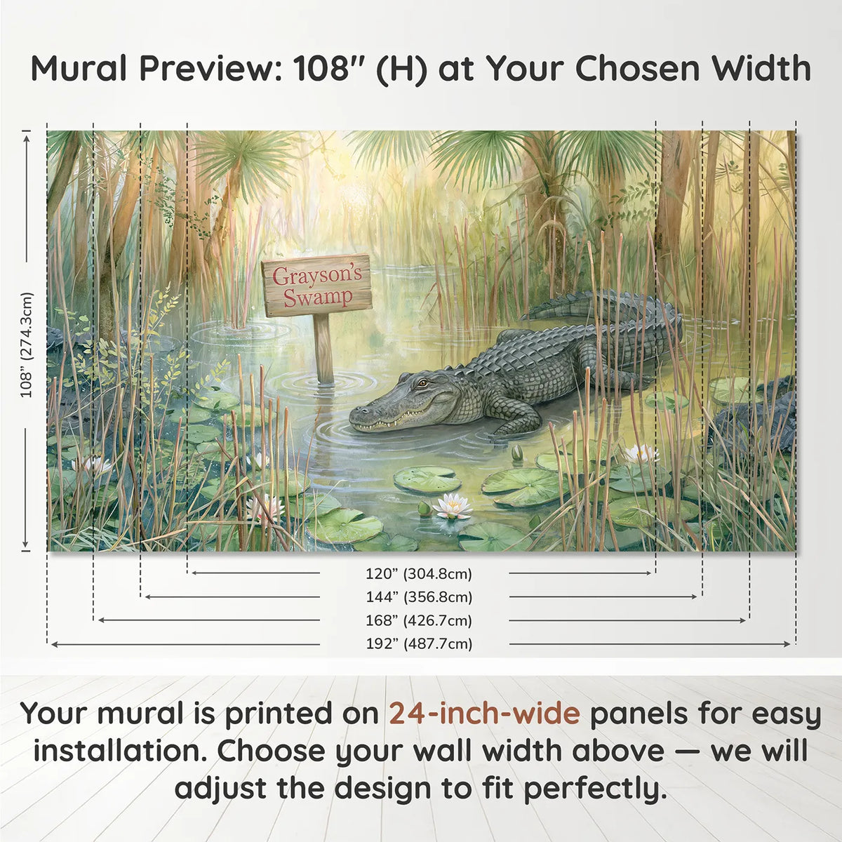 Panel layout and dimensions for Smiling Swamp Crocodile Personalized Wall Mural by Whimsy Tots