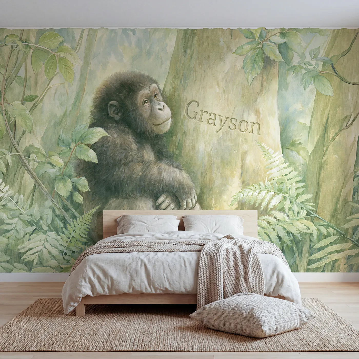 Storybook gorilla jungle personalized wall mural with name carved in tree for bedroom by Whimsy Tots