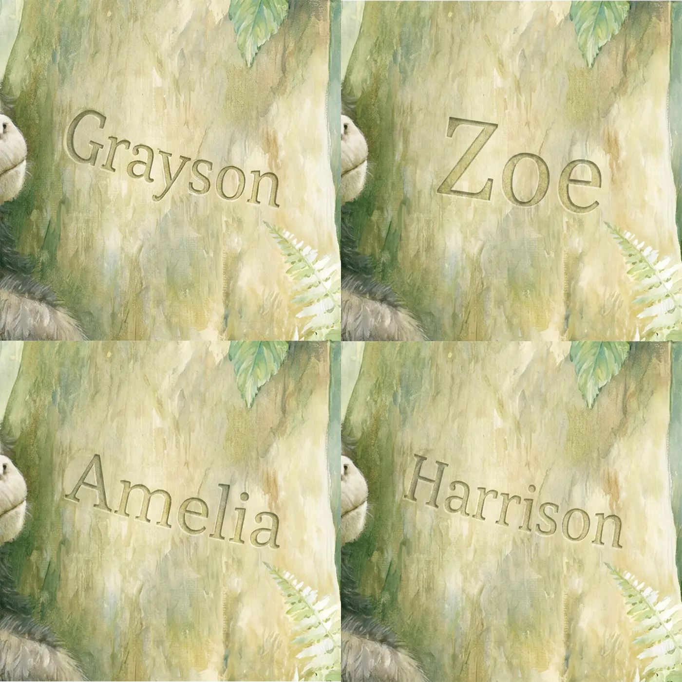 Four name preview examples of Gentle Jungle Gorilla Personalized Wall Mural by Whimsy Tots