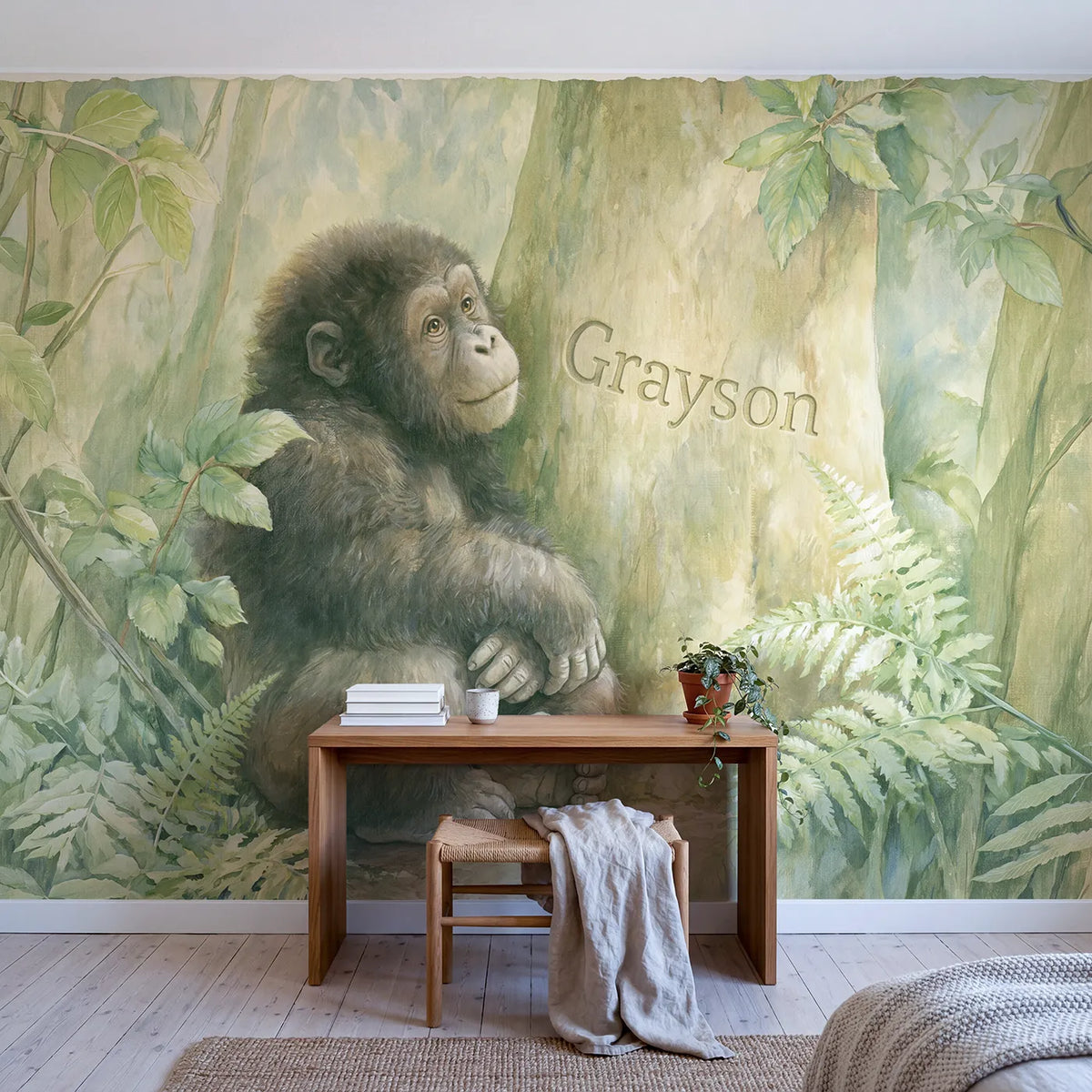 Gentle Jungle Gorilla Personalized Wall Mural in playroom setting by Whimsy Tots