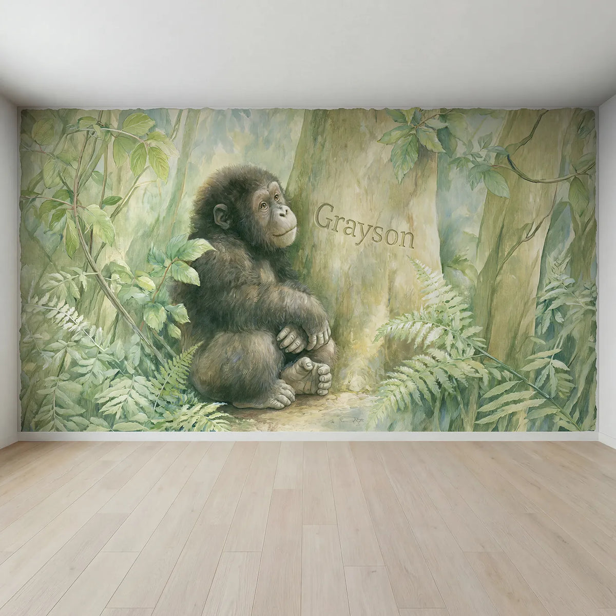 Full view of Gentle Jungle Gorilla Personalized Wall Mural by Whimsy Tots