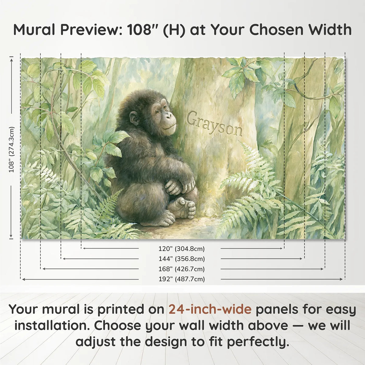 Panel layout and dimensions for Gentle Jungle Gorilla Personalized Wall Mural by Whimsy Tots
