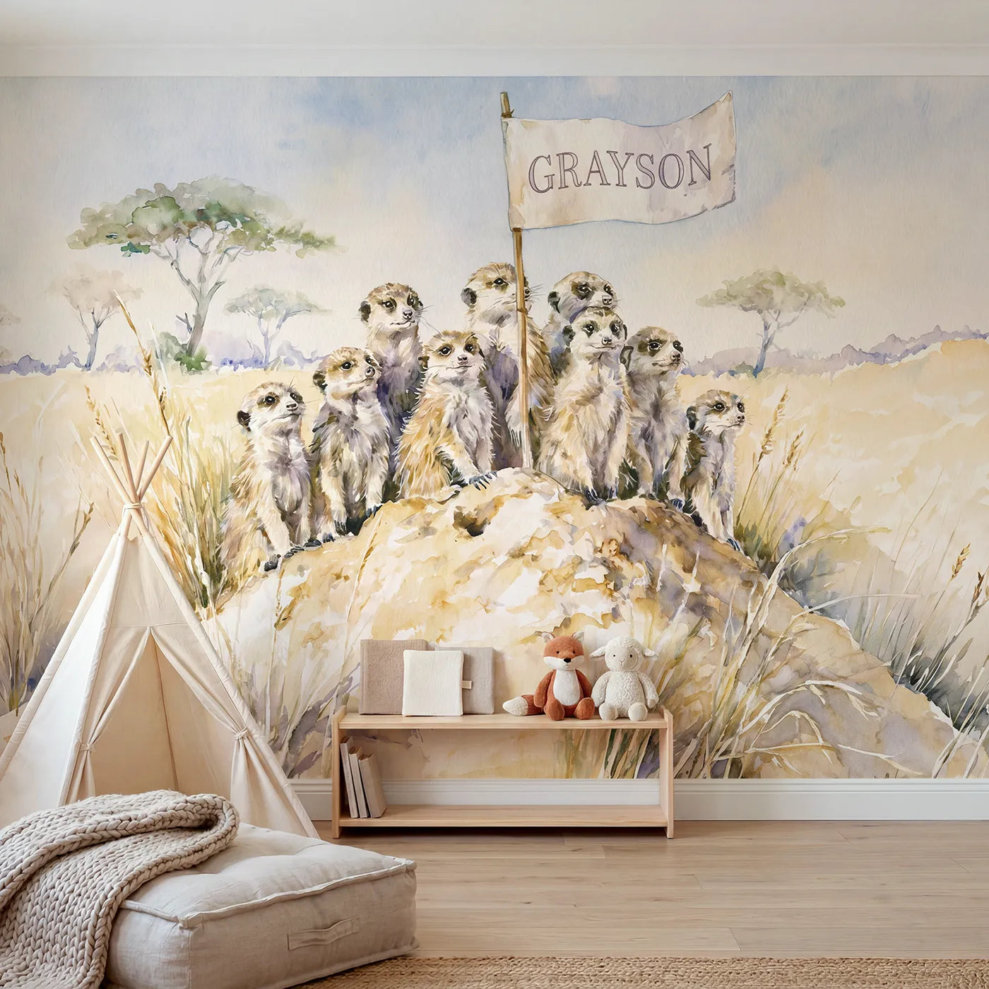 Watercolor meerkat family personalized wall mural with name flag for shared kids room by Whimsy Tots