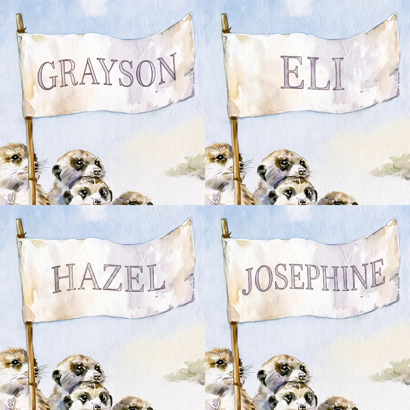Four name preview examples of Meerkat Lookout Mound Personalized Wall Mural by Whimsy Tots