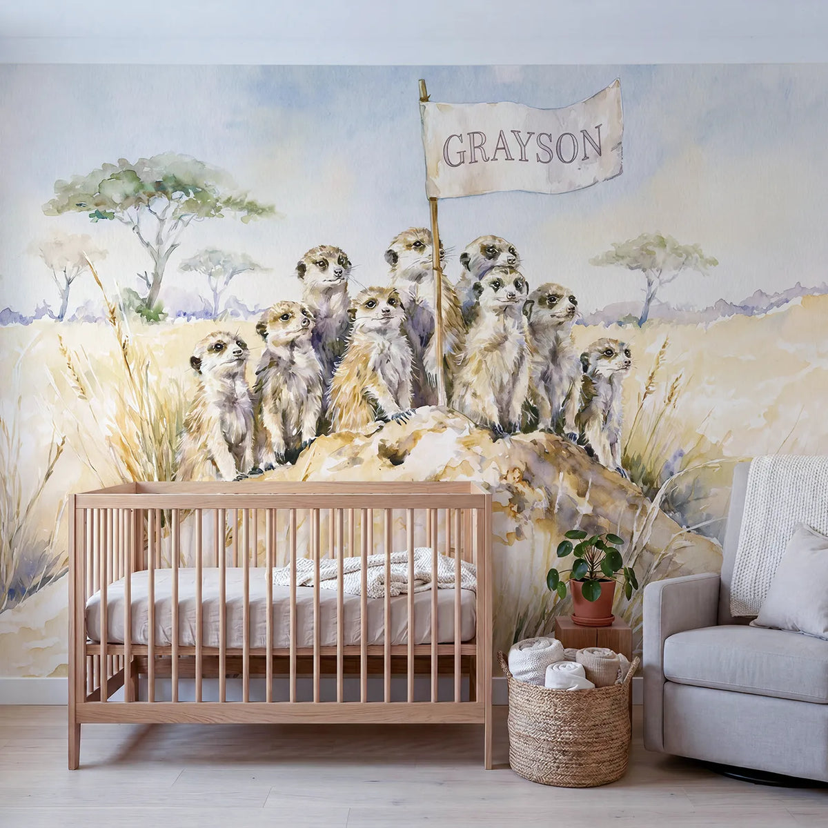 Meerkat Lookout Mound Personalized Wall Mural in playroom setting by Whimsy Tots