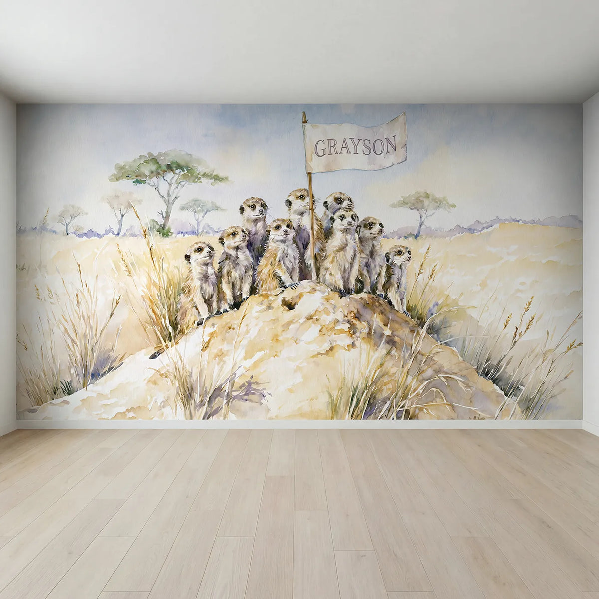 Full view of Meerkat Lookout Mound Personalized Wall Mural by Whimsy Tots