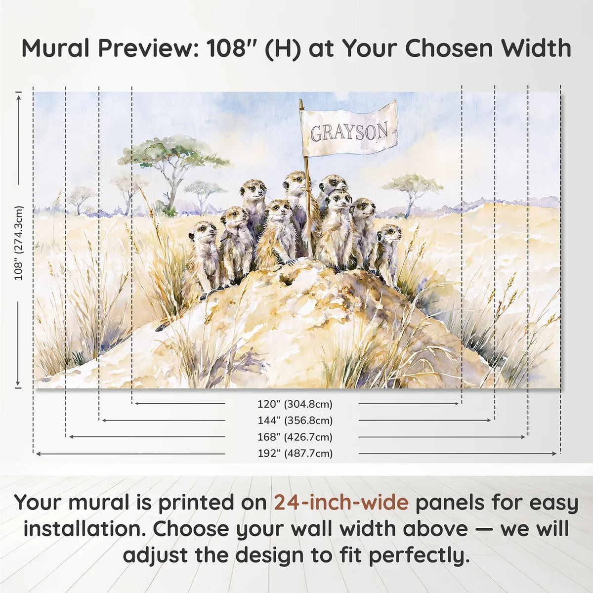 Panel layout and dimensions for Meerkat Lookout Mound Personalized Wall Mural by Whimsy Tots