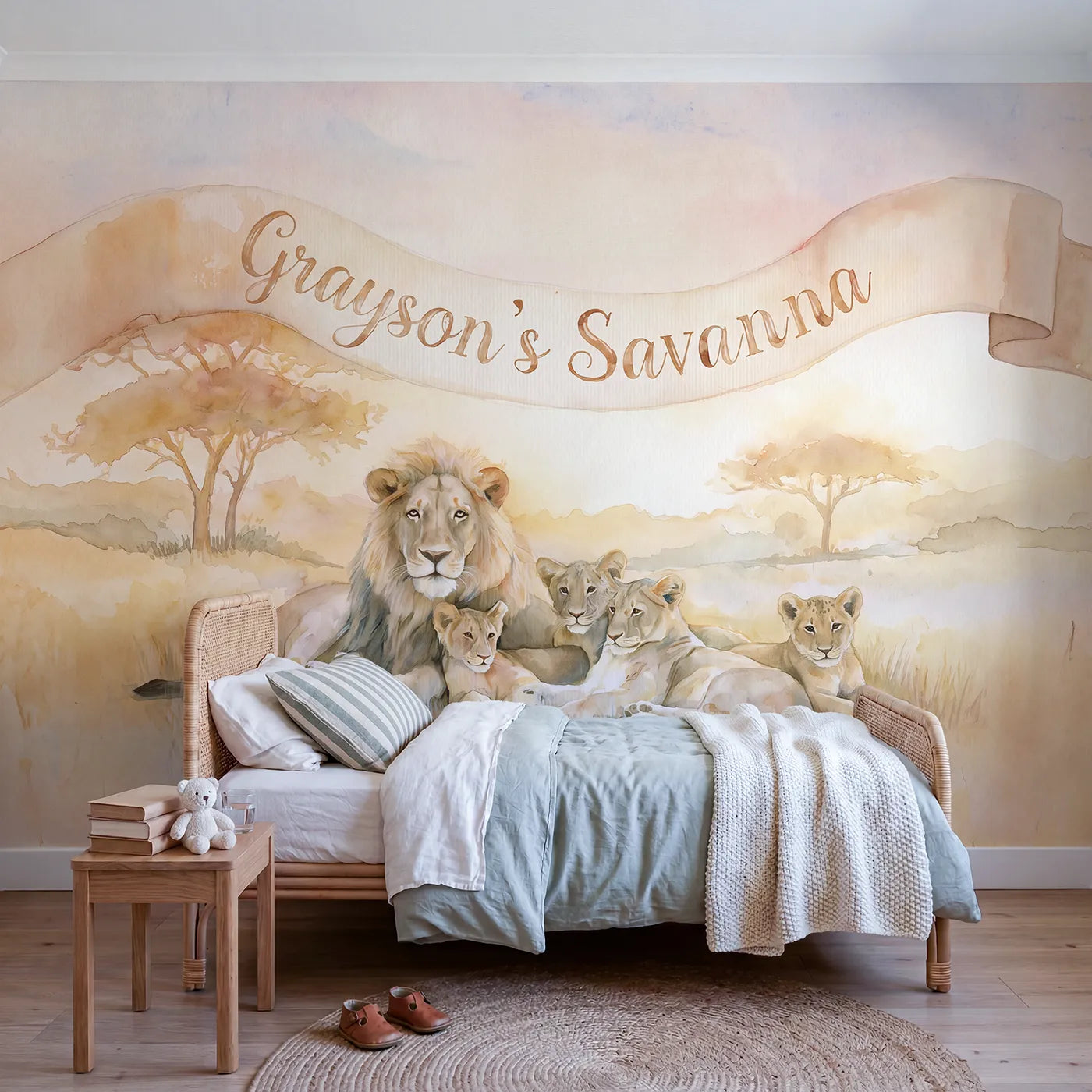 Watercolor lion family sunset personalized wall mural with name banner for bedroom by Whimsy Tots