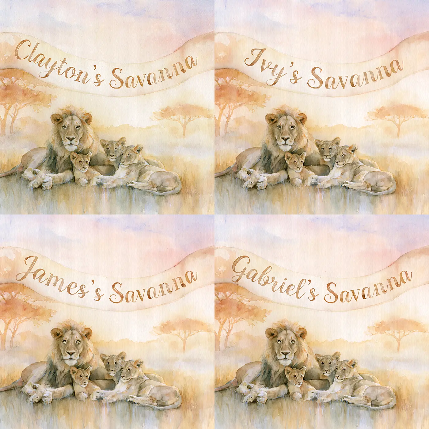 Four name preview examples of Lion Family Sunset Personalized Wall Mural by Whimsy Tots
