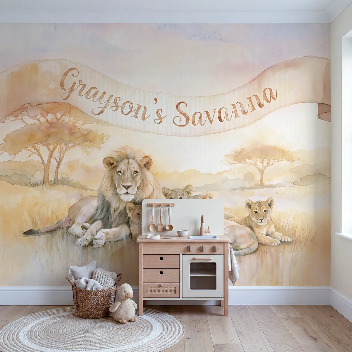 Lion Family Sunset Personalized Wall Mural in playroom setting by Whimsy Tots