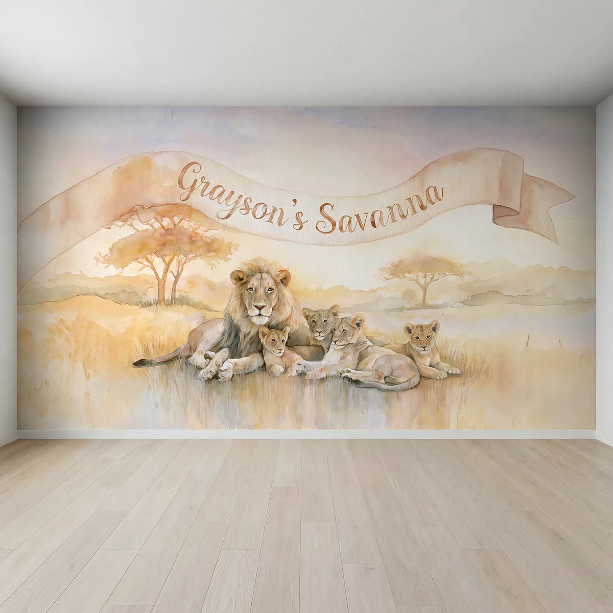 Full view of Lion Family Sunset Personalized Wall Mural by Whimsy Tots