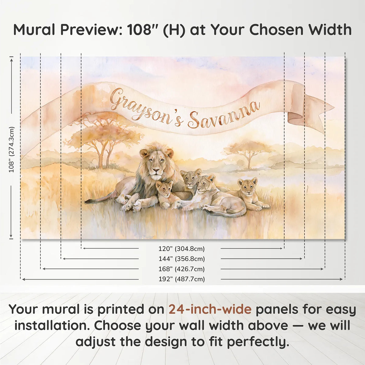 Panel layout and dimensions for Lion Family Sunset Personalized Wall Mural by Whimsy Tots