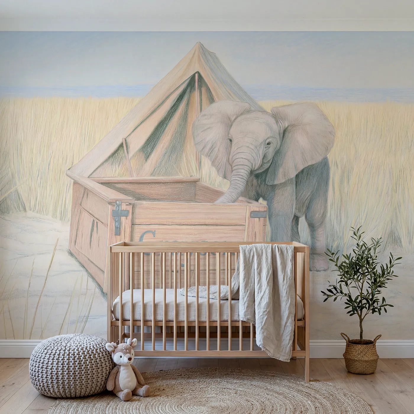 Colored pencil baby elephant personalized wall mural with name crate for nursery by Whimsy Tots