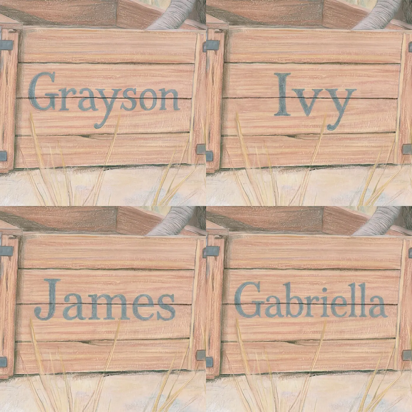 Four name preview examples of Baby Elephant Camp Personalized Wall Mural by Whimsy Tots