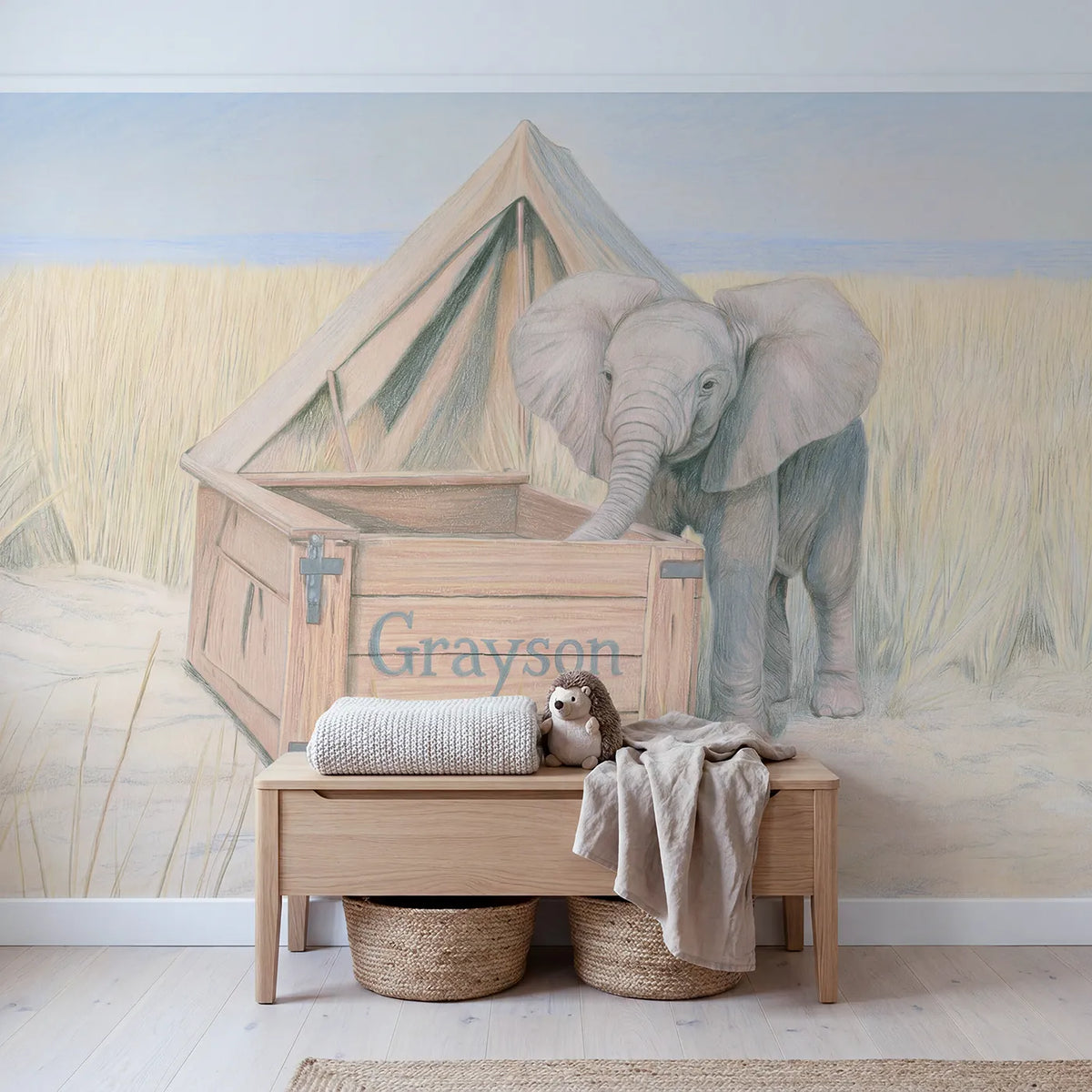 Baby Elephant Camp Personalized Wall Mural in playroom setting by Whimsy Tots